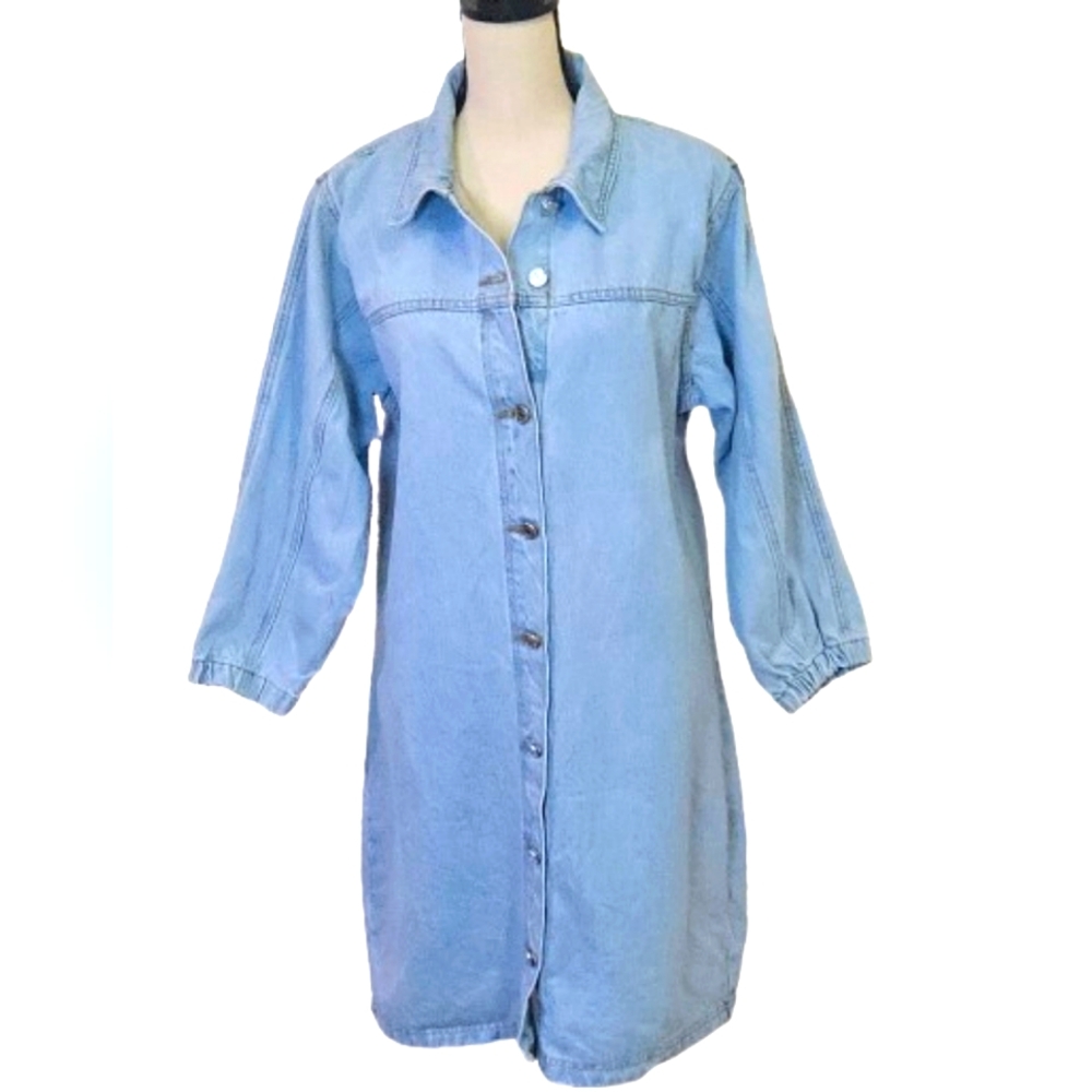 MISSGUIDED Light Wash BlueDenim Long Sleeve Button Front Shirt Dress,Size12 Tall